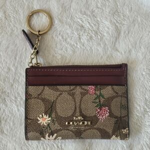Coach Mini Card Holder Id Case Wallet Key Ring Signature Canvas Wildflower Print